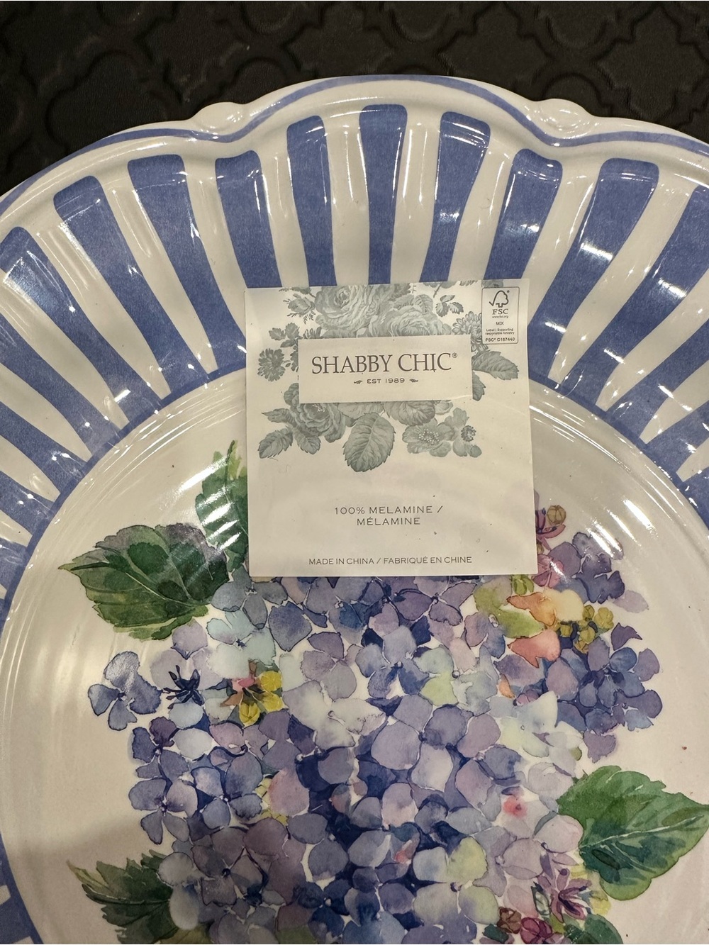 4 NWT Shabby Chic Blue & White Hydrangea Melamine Plates